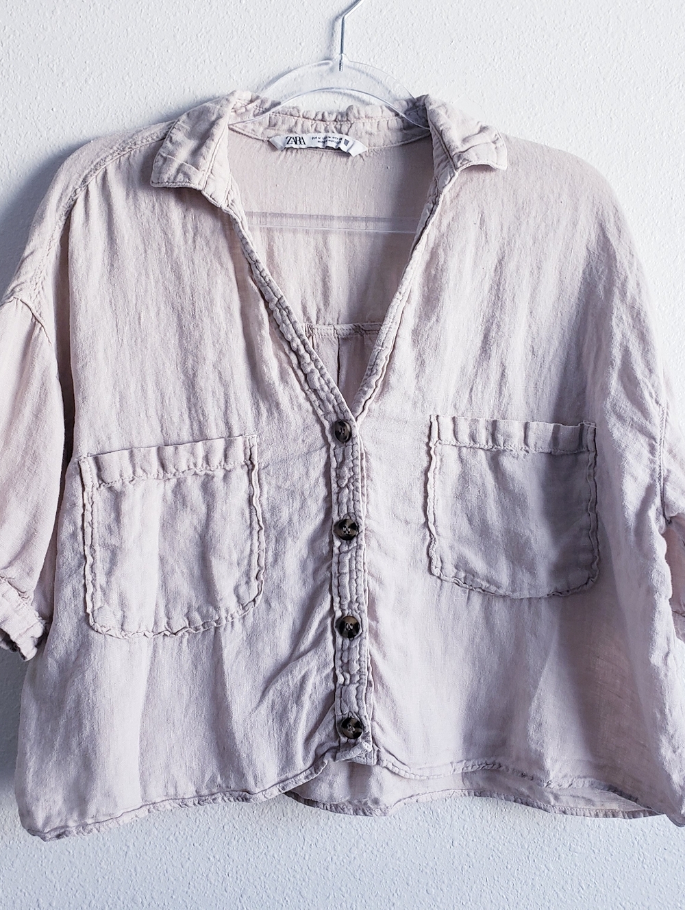 ZARA Linen Blend Cropped Button Down Shirt Cream M - Picture 2 of 8